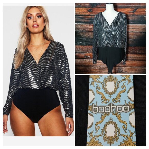 NWT BooHoo 18 2XL Plus Extreme Plunge Sequin Bodysuit Top Silver Black Stretch - Picture 1 of 11